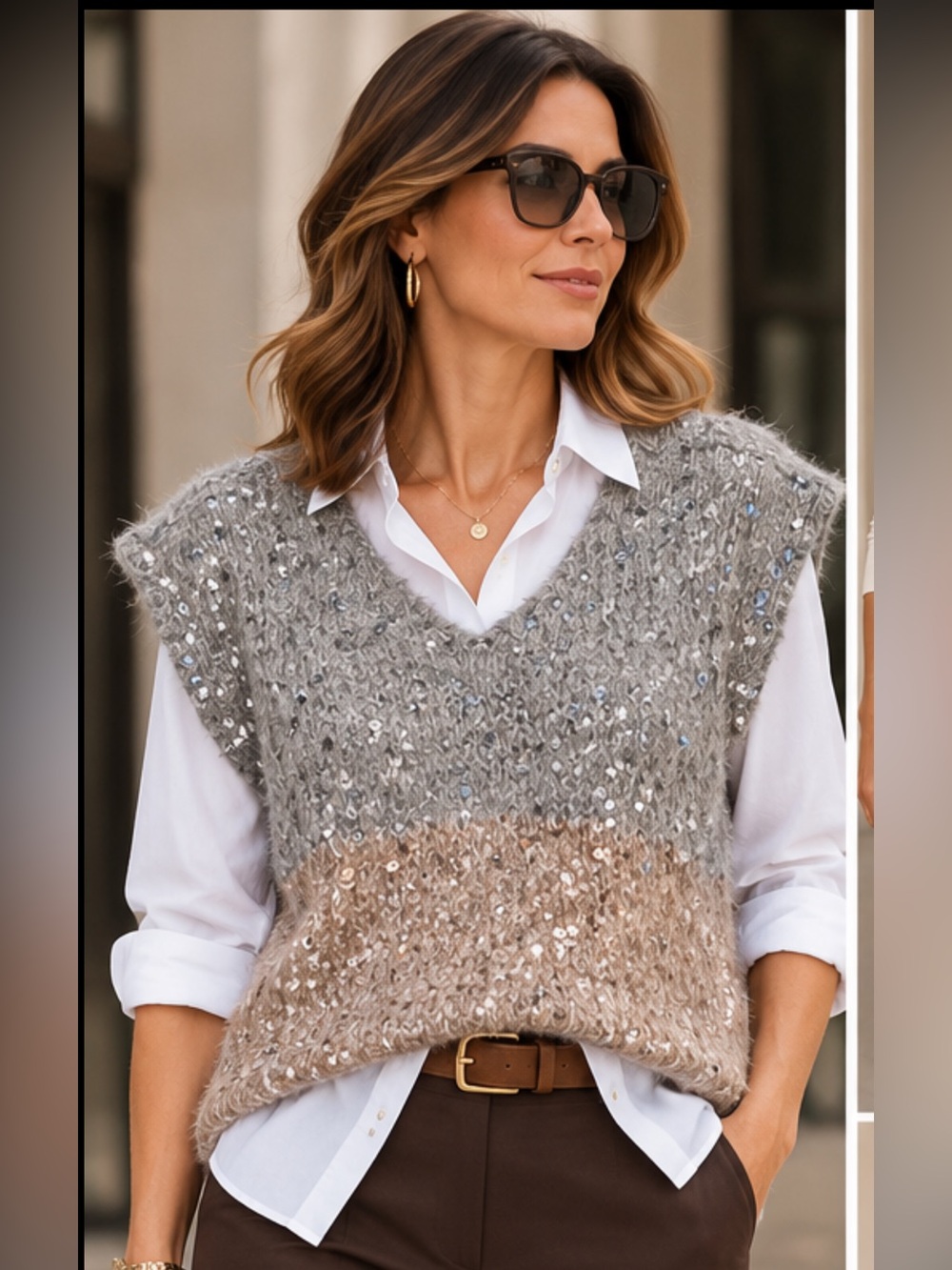 🧶 Hand Knitted V-Neck Sequin Vest in Grey and Taupe size medium